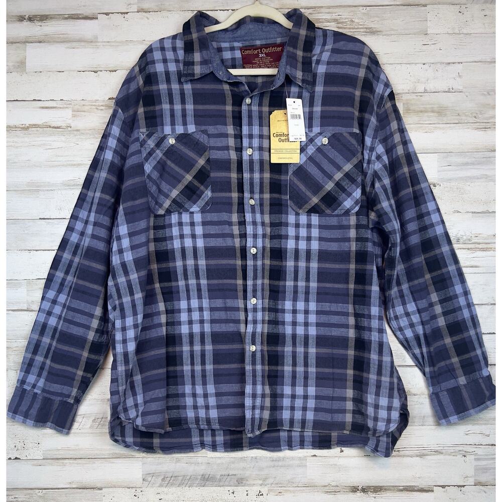 Comfort Outfitters Button Up Shirt Mens 3XL Blue Cotton Plaid Long Sleeve